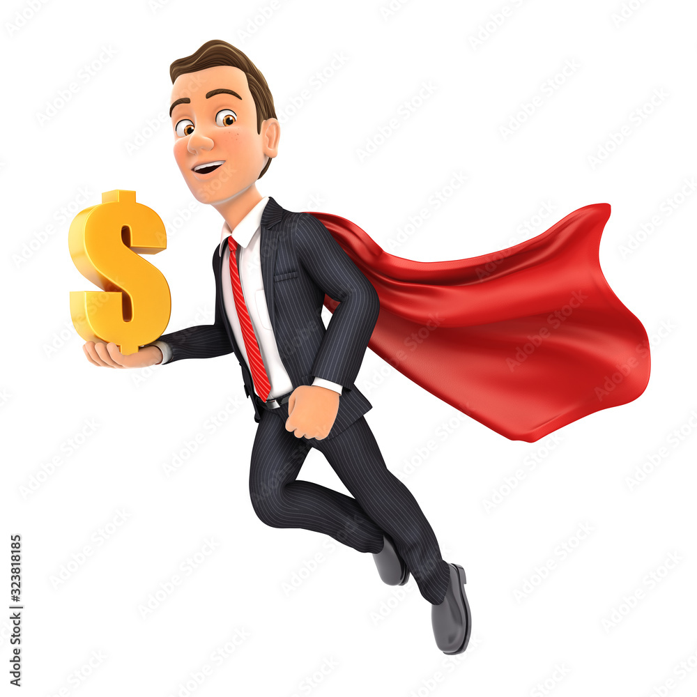 Φωτογραφία 3d businessman flying and holding gold dollar sign