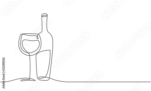 Wine glass and bottle of wine. Vector. Continuous line drawing
