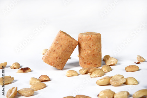 delicious brazilian peanuts peanut butter typical of june party isolated over wooden table photo