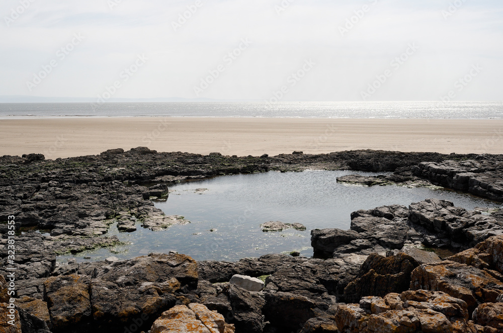 Tidal rock pool at Porthcawl beach in Wales UK