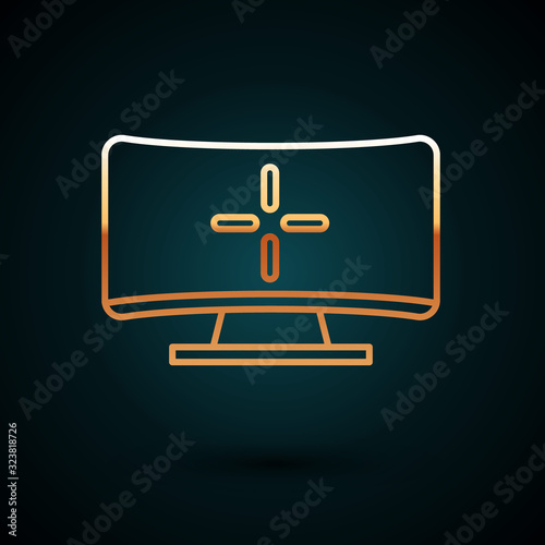 Gold line Computer monitor icon isolated on dark blue background. PC component sign. Vector Illustration