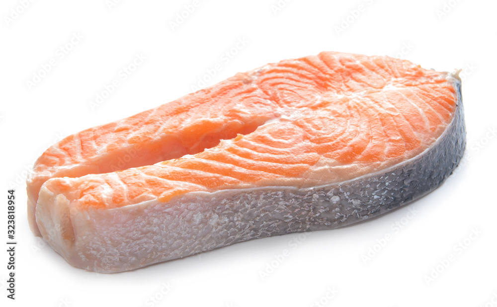 Raw salmon steak on white background Raw salmon steak on white background