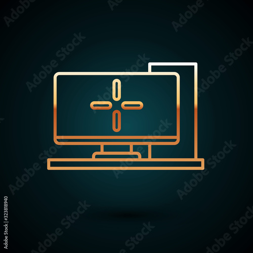 Gold line Computer monitor icon isolated on dark blue background. PC component sign. Vector Illustration