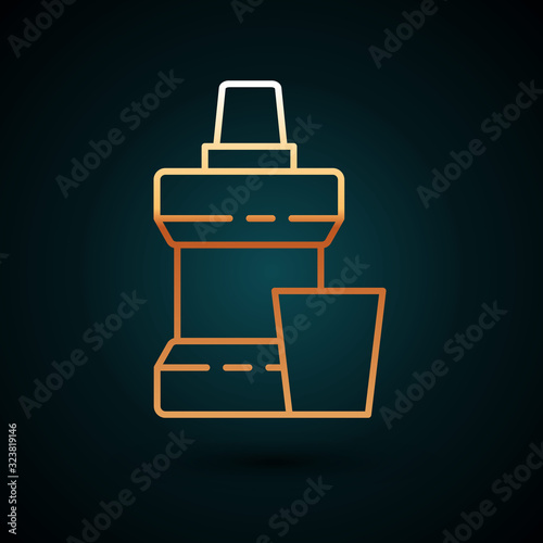 Gold line Mouthwash plastic bottle and glass icon isolated on dark blue background. Liquid for rinsing mouth. Oralcare equipment. Vector Illustration