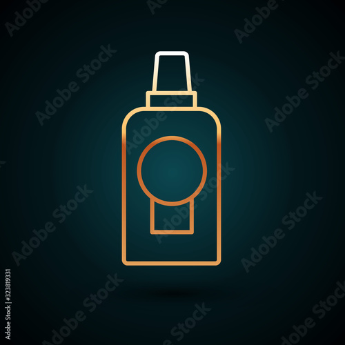 Gold line Mouthwash plastic bottle icon isolated on dark blue background. Liquid for rinsing mouth. Oralcare equipment. Vector Illustration