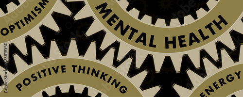 Mental health concept with illustrated vector metal gears against background of gears or cogs