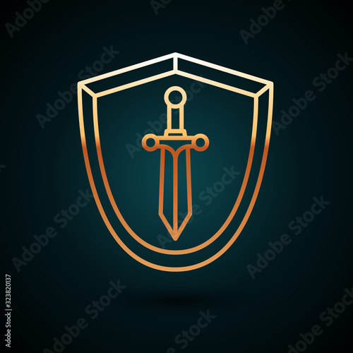 Gold line Medieval shield with sword icon isolated on dark blue background. Vector Illustration