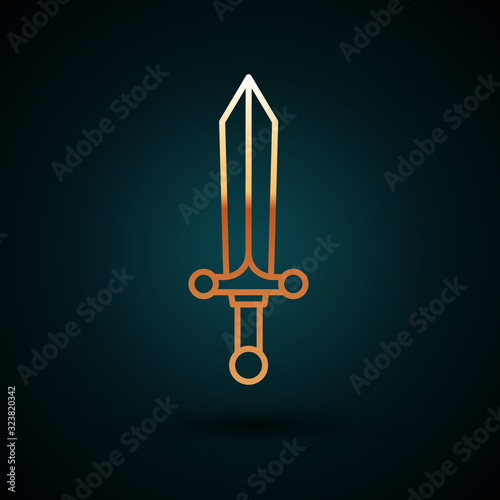 Gold line Medieval sword icon isolated on dark blue background. Vector Illustration