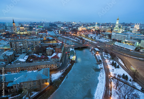 Winter evening aerial view to downtown and river in Kharkiv