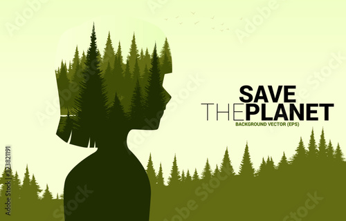 Natural forest inside silhouette kid head. background for take care and save the environment.