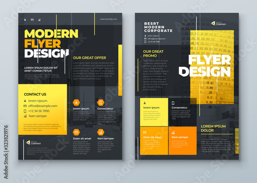 Flyer Design. Dark Yellow Modern Flyer Background Design. Template Layout for Flyer. Concept with Dynamic Line Shapes. Vector Background.