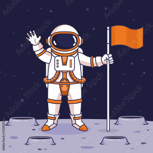 Astronaut waving hand and holding flag on the moon, vector cartoon illustration