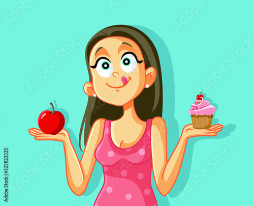 Craving Girl Choosing Between Apple and Muffin Cake