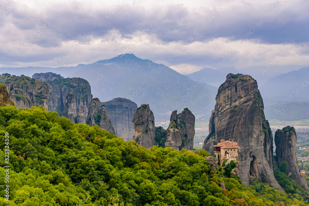 Landscape of monastery and rock formation in Meteora, Greece