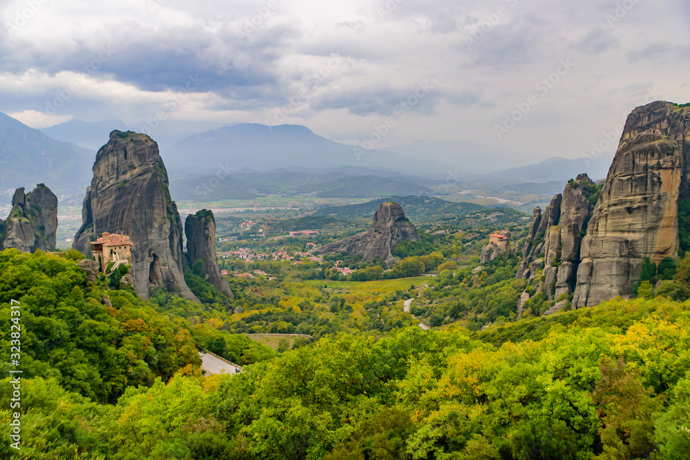 Landscape of monastery and rock formation in Meteora, Greece