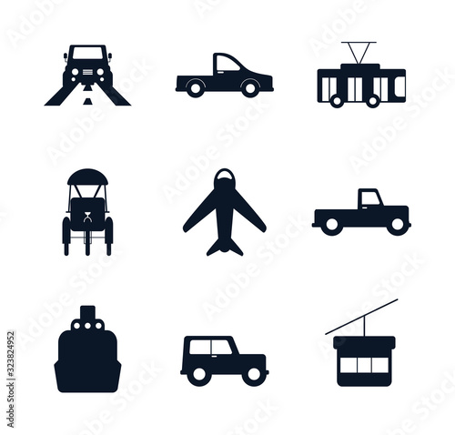 Isolated transportation vehicles silhouette style icon set vector design