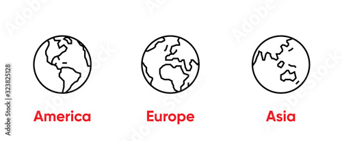 Globe of America, Europe, Asia Thin Line Editable Stroke icons. Vector Template.