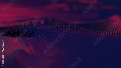 Abstract digital shock wave background with lots of tiles, technology innovation landscape, techie 3d illustration