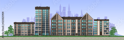 City in the afternoon. Residential buildings, cafes, school. Vector.