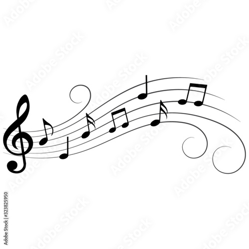 Music notes on stave, decorated with swirls, vector illustration.
