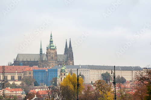 Panorama of the Old Town of Prague, Czech Republic, with a focus on Hradcany hill and the Prague Castle with the St Vitus Cathedral (Prazsky hill) seen from the Vltava river. It a landmark of the city