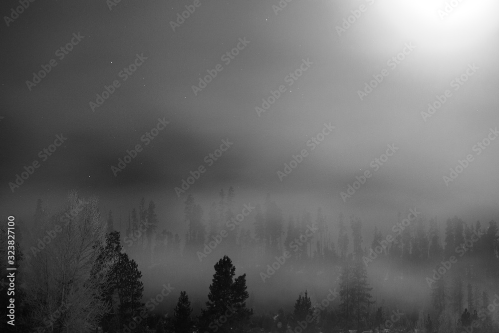 Fototapeta premium Icy fog on a cold winters night in Grand Lake, Colorado 