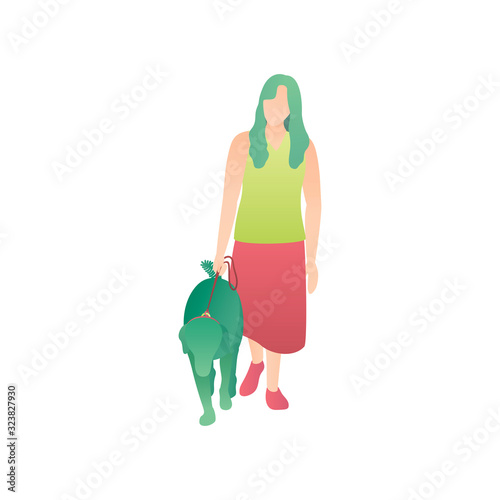 Woman and Pet, a flat vector illustration. A woman walks a pet on a leash. A girl foot in the park and training a purebred sheepdog. A beautiful female in summer with dog on isolated white background.