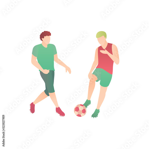 Man play football, flat vector illustration. Two boys have fun outdoors in a park playing with a soccer ball. A male kicker, on a white isolated background, using dribbling and feint beat an opponent.