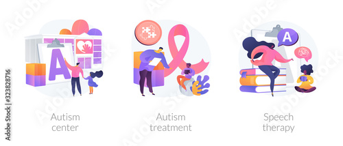 Autism spectrum disorder, neuroontogenetic disease, mental development lag. Autism center, autism treatment, speech therapy metaphors. Vector isolated concept metaphor illustrations.