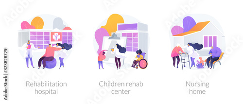 Rehabilitation service and support, medical recovery programs. Rehabilitation hospital, children rehab center, nursing home metaphors. Vector isolated concept metaphor illustrations. © Visual Generation