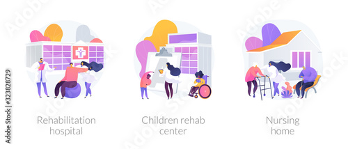Rehabilitation service and support, medical recovery programs. Rehabilitation hospital, children rehab center, nursing home metaphors. Vector isolated concept metaphor illustrations.