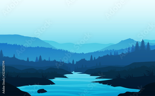 Mountains lake landscape silhouette tree  horizon Landscape wallpaper Sunrise and sunset Illustration vector style colorful view background