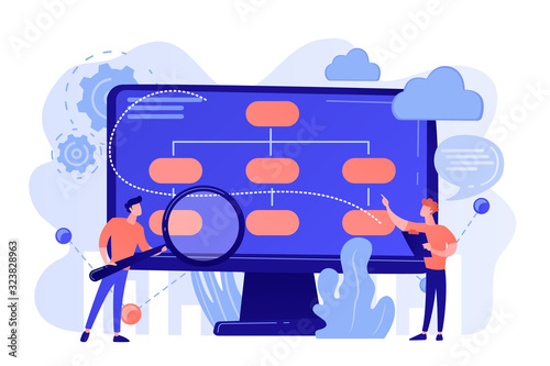 Tiny people analyst and data scientist working with data. Data driven business model, comprehensive data strategies, new economic model concept. Pinkish coral bluevector isolated illustration