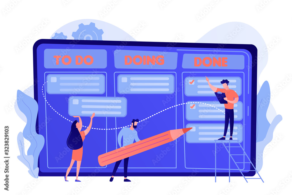 Tiny business people and manager at tasks and goals accomplishment chart.  Task management, project managers tool, task management software concept.  Pinkish coral bluevector isolated illustration Stock Vector | Adobe Stock