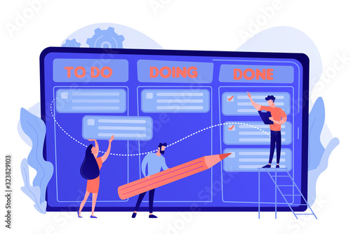 Tiny business people and manager at tasks and goals accomplishment chart. Task management, project managers tool, task management software concept. Pinkish coral bluevector isolated illustration
