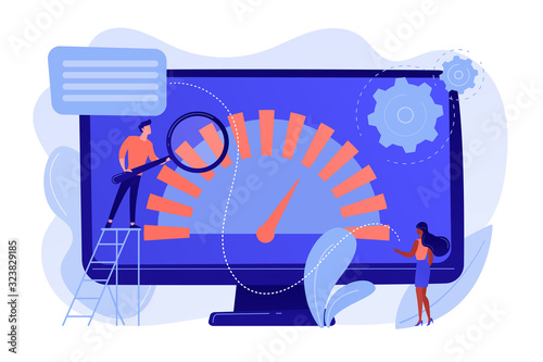 Tiny business people look at product performance indicator. Benchmark testing, benchmarking software, product performance indicator concept. Pinkish coral bluevector isolated illustration