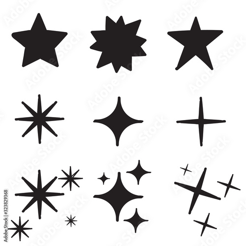 doodle Star icons. Twinkling stars. Sparkles  shining burst. Christmas vector symbols isolated hand drawn style