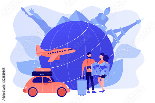 Man and woman choosing travel destination, going on holiday vacation. Global travelling, trip around the world, international tourism concept. Pinkish coral bluevector isolated illustration