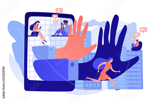 Escape from social media addiction. Device-free lifestyle choice. How to overcome digital overload, employee wellbeing, digital revolution concept. Pinkish coral bluevector isolated illustration