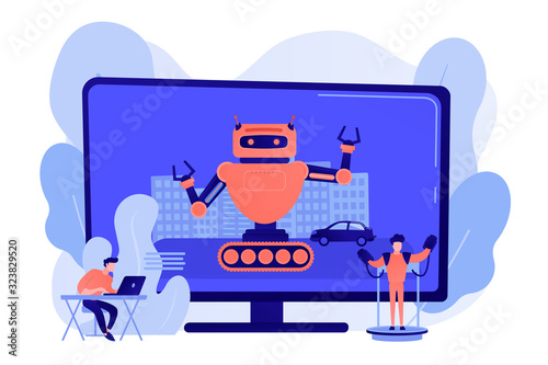 Movie VFX creation software. Real time motion capture program. Special effects design, visual effects production, post production service concept. Pinkish coral bluevector isolated illustration