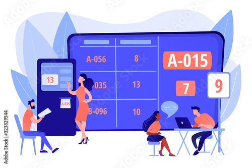 Waiting room with ticket system. Customer management method. Electronic queuing system, electronic queue management, take your ticket concept. Pinkish coral bluevector isolated illustration