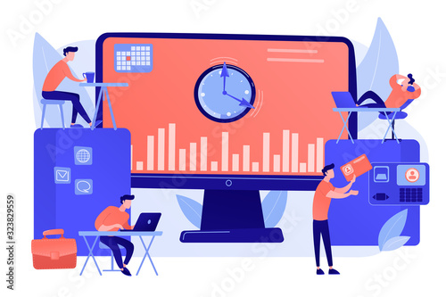 Work performance on schedule. Staff discipline. Time and attendance tracking system, office time tracking, employee time management concept. Pinkish coral bluevector isolated illustration