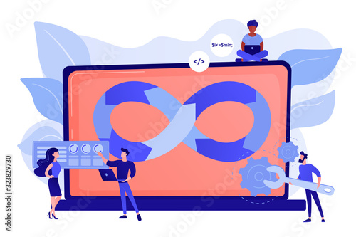 Programmers working on project. Website development methodology. Technical support. DevOps team, software development team, DevOps workflow concept. Pinkish coral bluevector isolated illustration