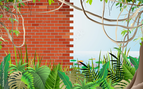 landscape of brick wall of the ancient city in the jungle	