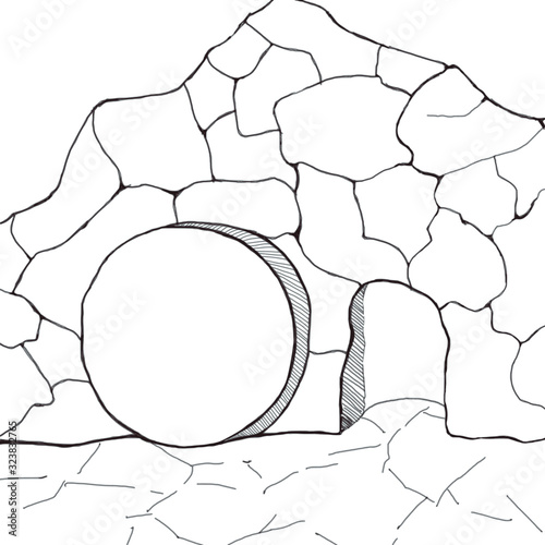 Jesus is risen, He is no longer in the tomb, because He is living. An illustration is drawn in pencil.  Christian coloring book. 