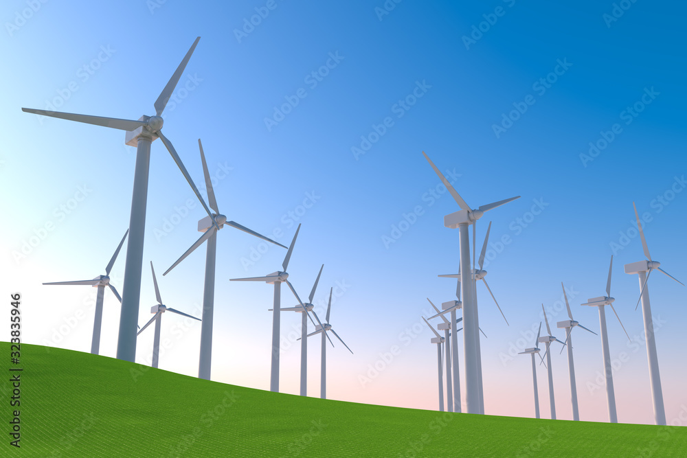 Many wind turbines spin. Operates with the power of nature. 3D illustration Many wind turbines spin. Operates with the power of nature. 3D illustration