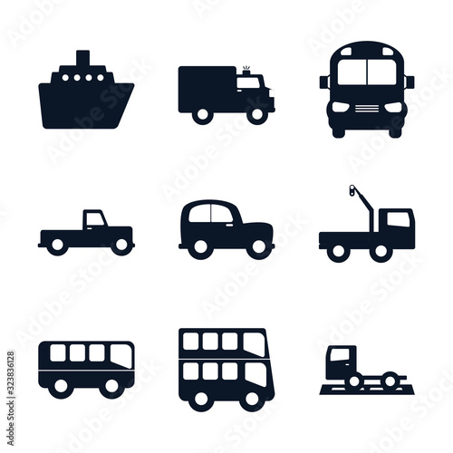 Isolated transportation vehicles silhouette style icon set vector design