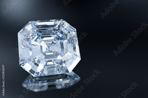 Asscher cut diamond on gray glossy background