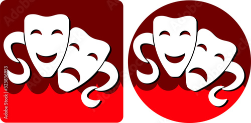 white comedy and tragic theatrical masks on a red background in the form of logos