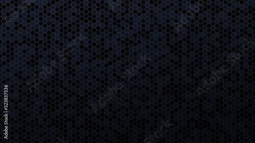 Black honeycomb tiles. Hexagon geometry pattern. Minimal black background of honeycomb for modern cover, ad baner, web.